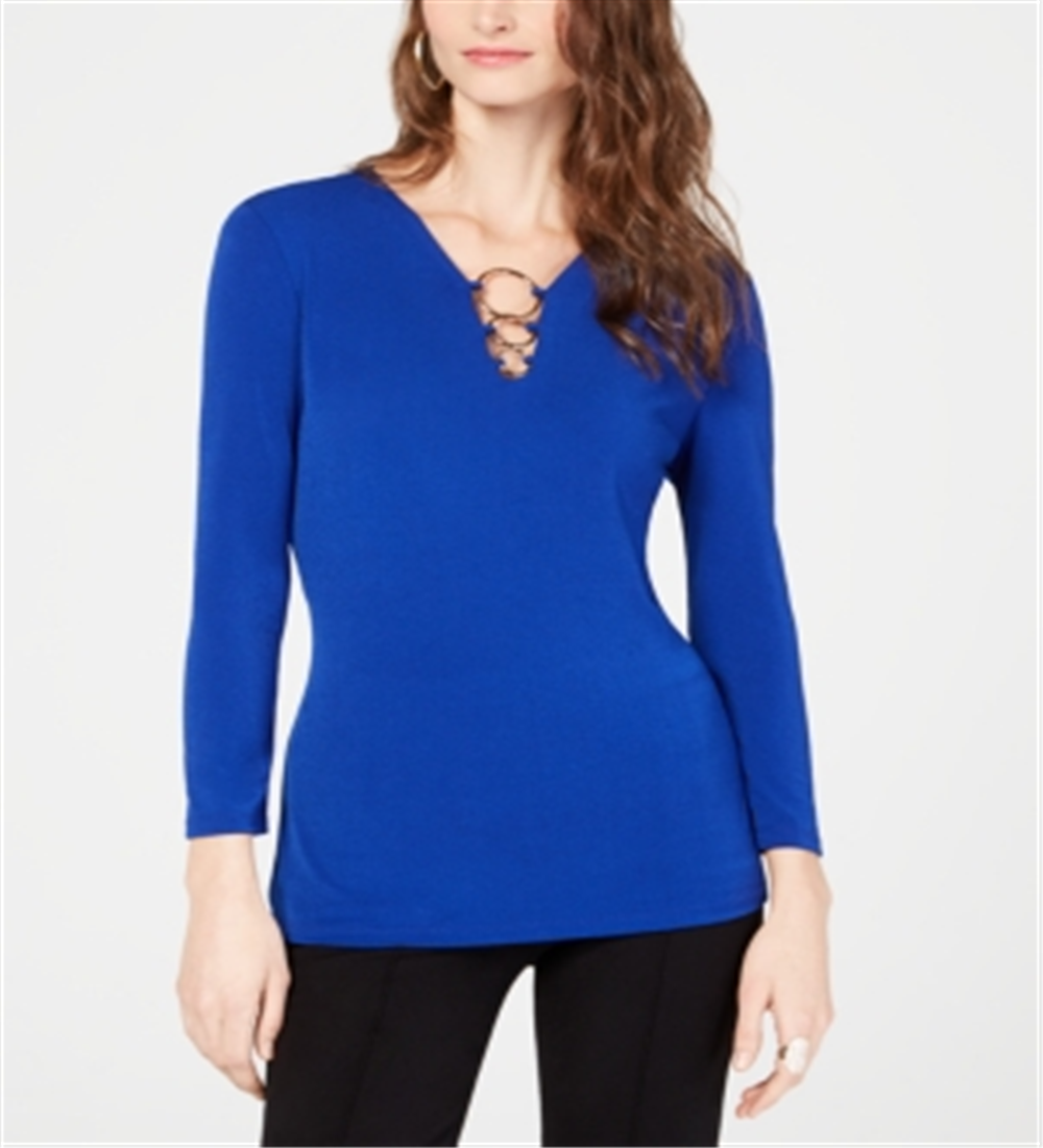 INC International Concepts Top feminino com decote em V e anel O, azul, tamanho extragrande