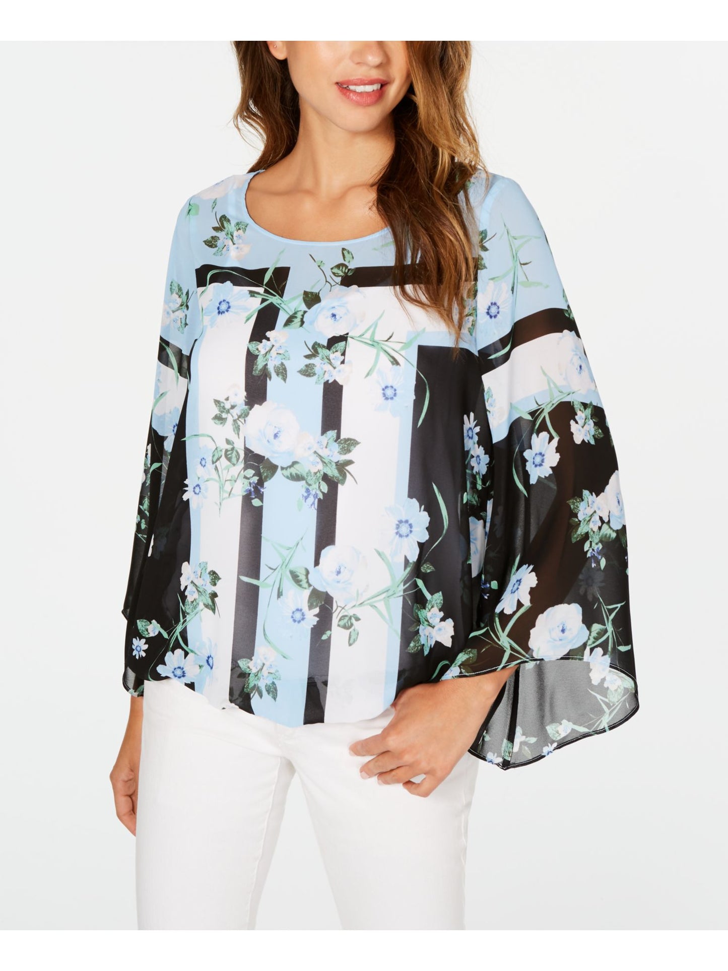 Blusa feminina Alfani com estampa de manga anjo, azul, tamanho médio