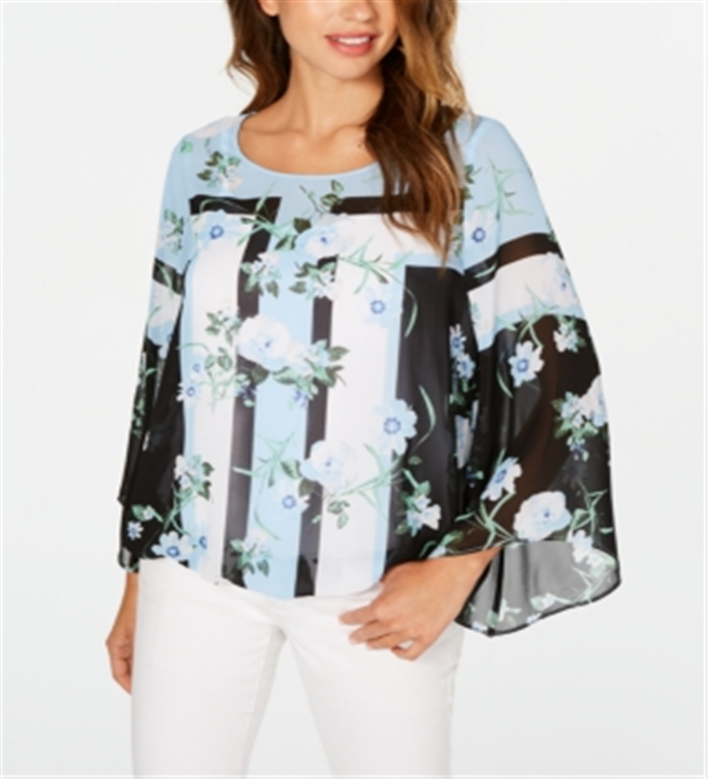 Blusa feminina Alfani com estampa de manga anjo, azul, tamanho médio