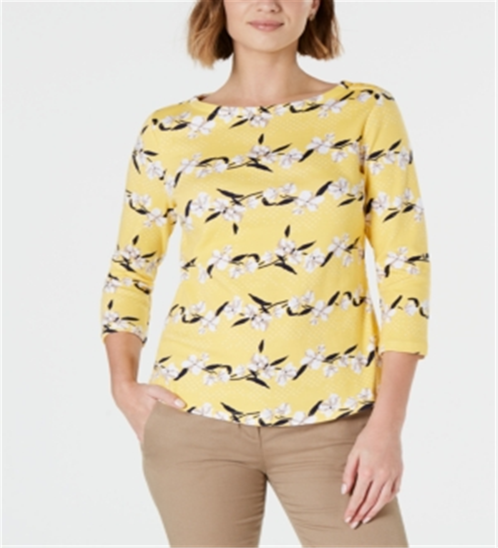 Camiseta feminina Charter Club de algodão Pima com estampa de botões e ombros, tamanho PP, amarela