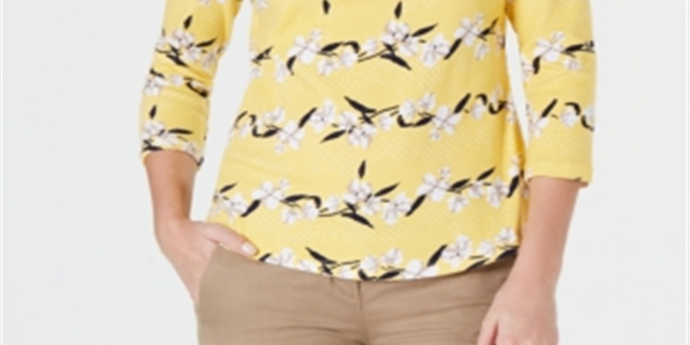 Camiseta feminina Charter Club de algodão Pima com estampa de botões e ombros, tamanho PP, amarela