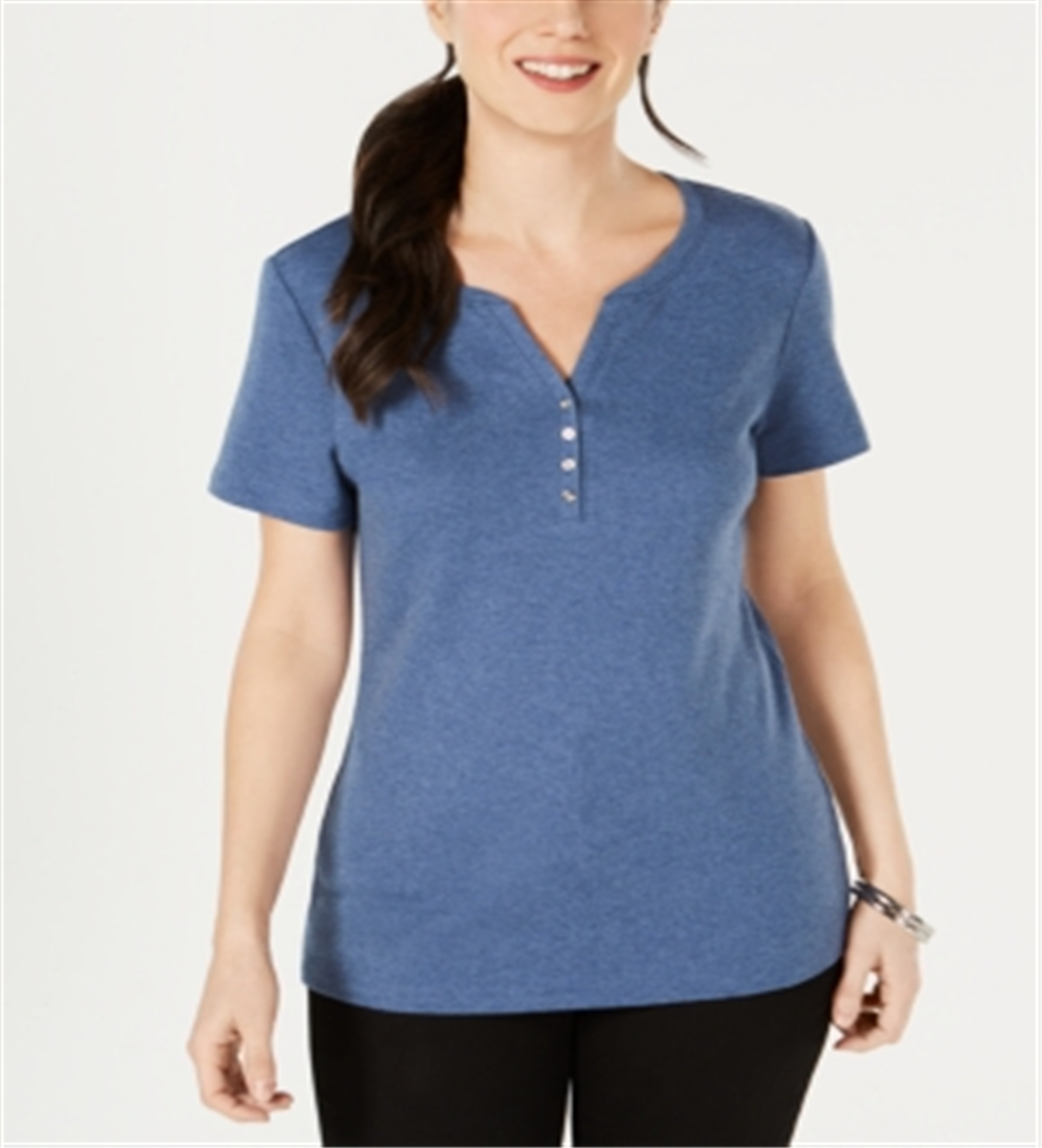 Karen Scott Top Henley Feminino Petite Heather Indigo Azul Tamanho Petite S