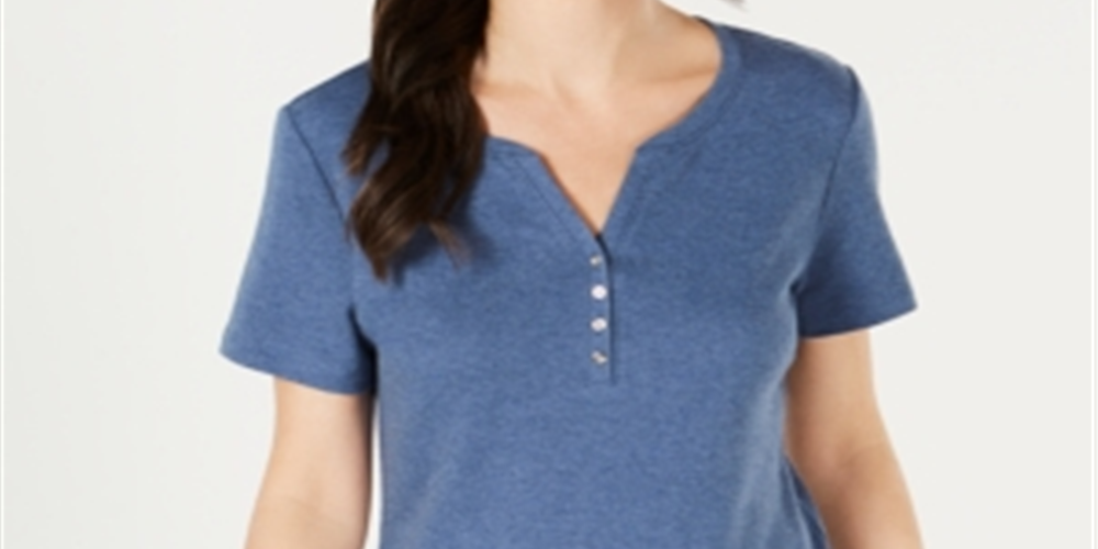 Karen Scott Top Henley Feminino Petite Heather Indigo Azul Tamanho Petite S