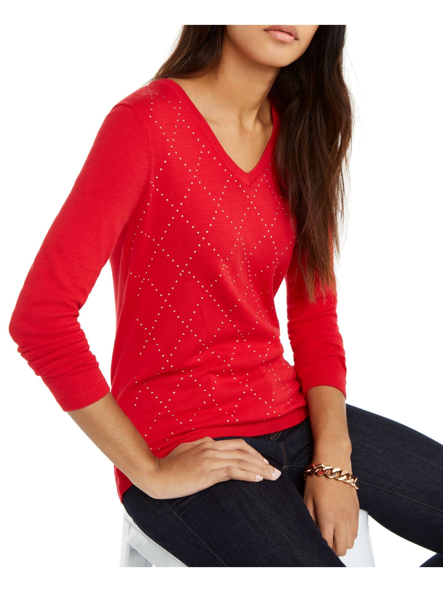 Tommy Hilfiger Suéter Feminino com Tachas Aconchegante Vermelho Tamanho Médio