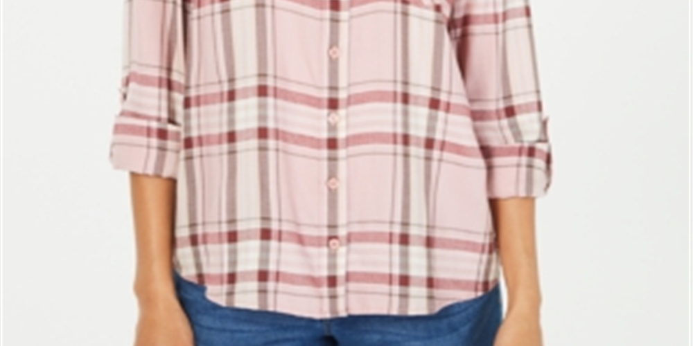 Camisa xadrez feminina Style &amp; Co com um bolso, rosa, tamanho M