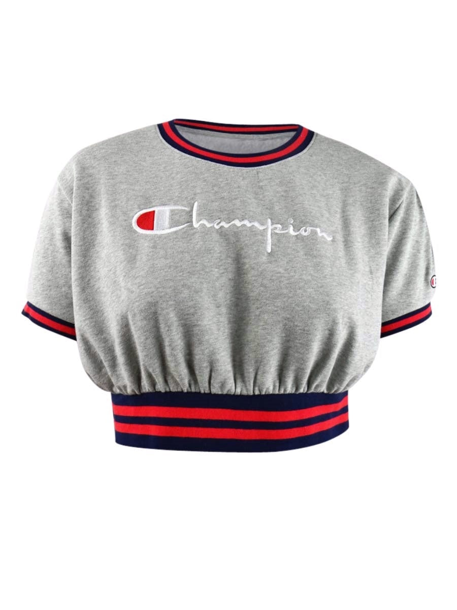 Champion Feminino Vintage Wash Fleece Cropped Crew Peito Cheio Cinza Script Tamanho 2XL