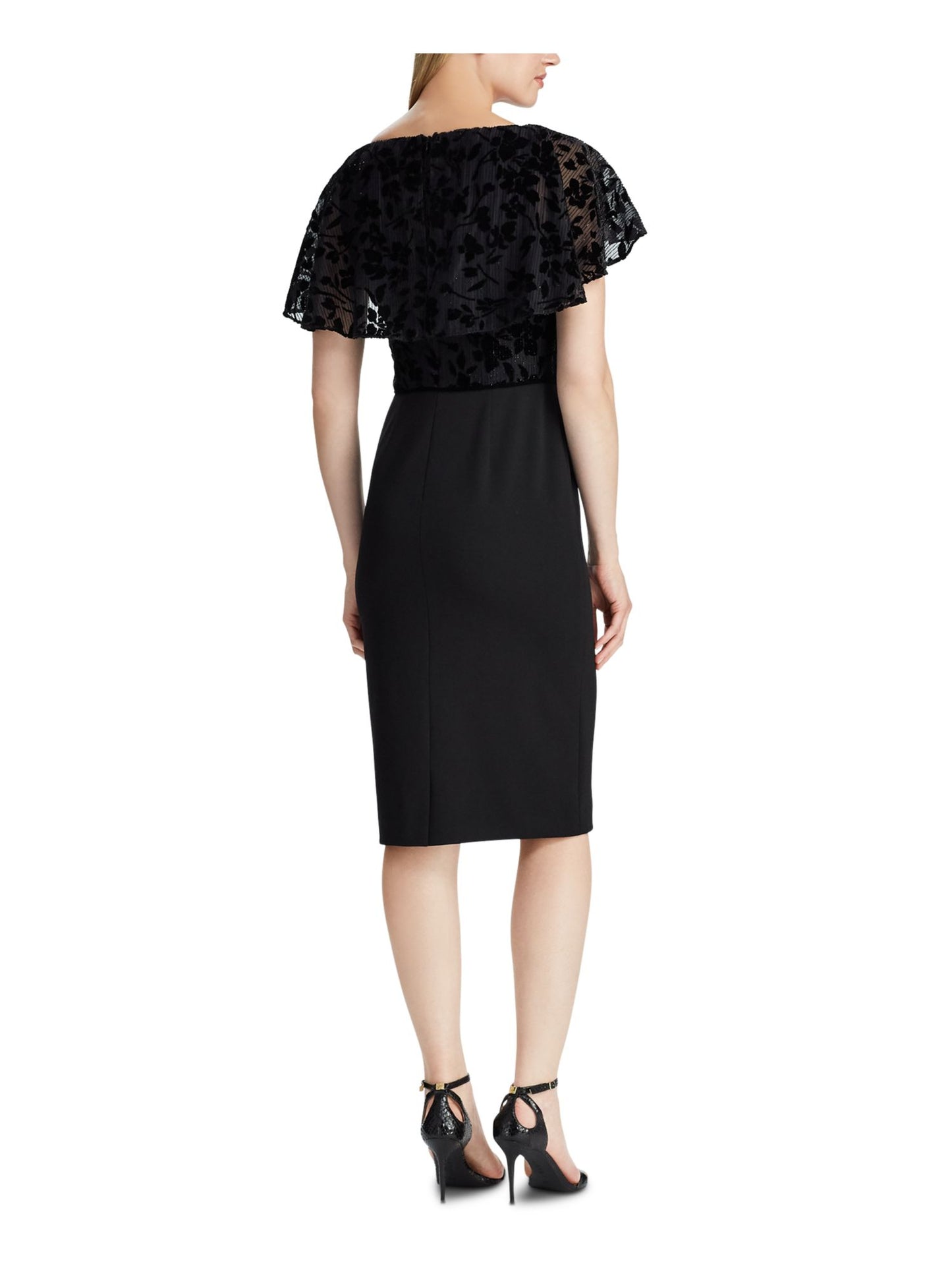 Vestido de festa longo com decote em V e manga curta floral Ralph Lauren feminino, tamanho 12, preto