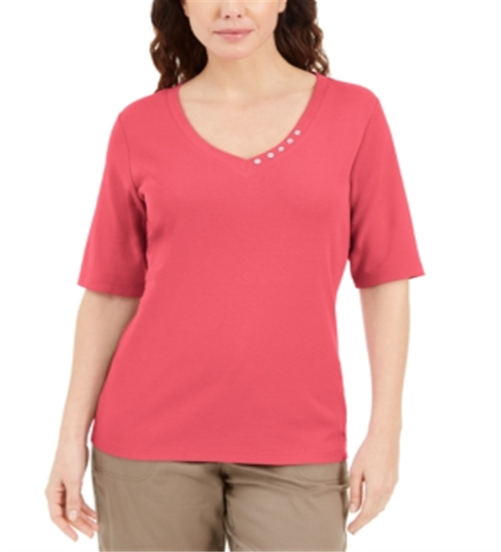 Camiseta feminina Karen Scott com decote em V coral, laranja, tamanho pequeno