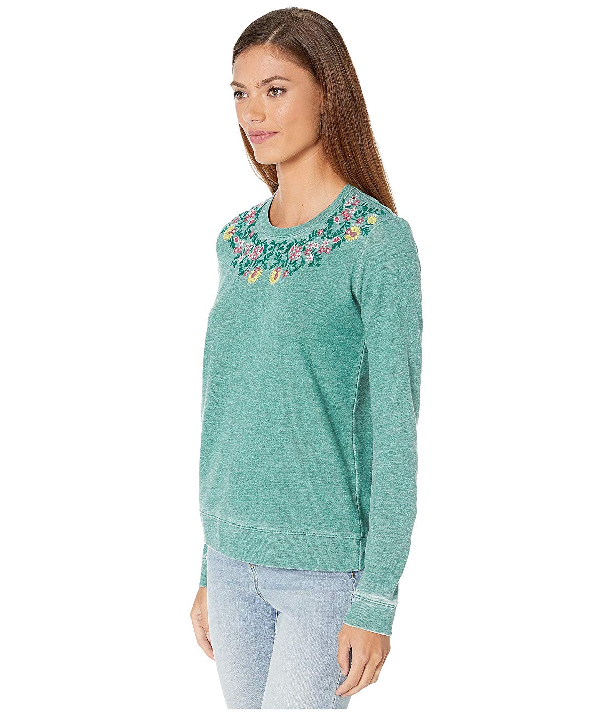 Lucky Brand Moletom feminino bordado floral de poliéster e algodão, verde, tamanho pequeno