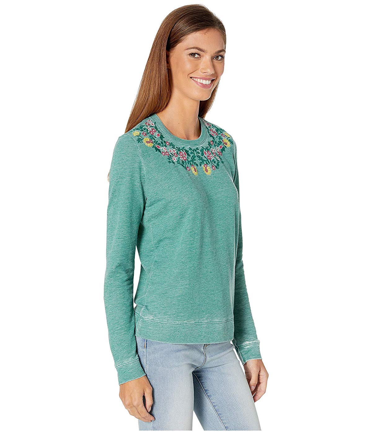 Lucky Brand Moletom feminino bordado floral de poliéster e algodão, verde, tamanho pequeno