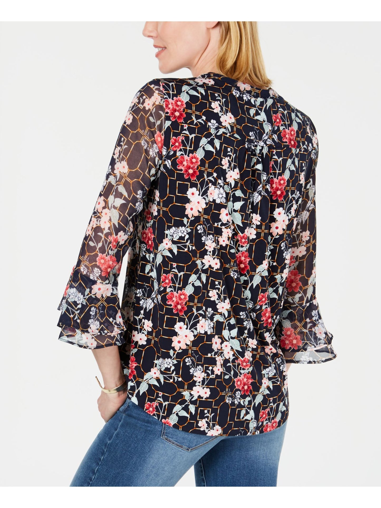 Túnica floral feminina Charter Club manga comprida coquetel top azul tamanho pequeno