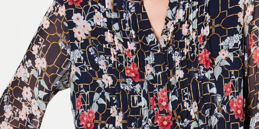 Túnica floral feminina Charter Club manga comprida coquetel top azul tamanho pequeno