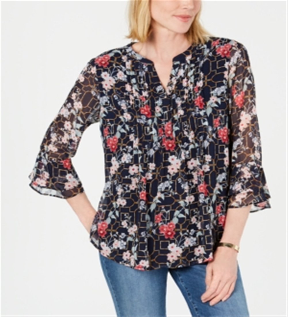 Túnica floral feminina Charter Club manga comprida coquetel top azul tamanho pequeno