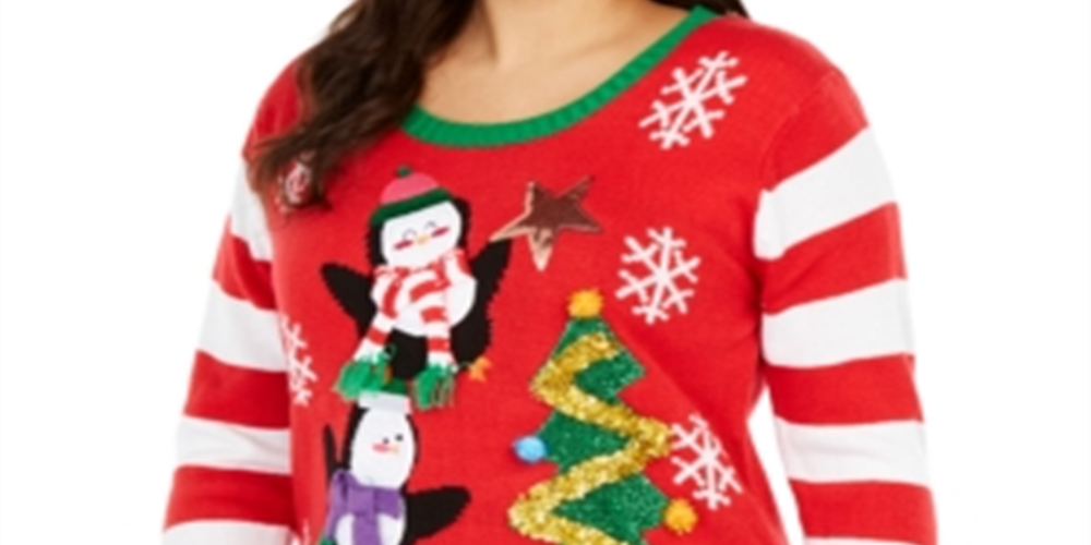 Suéter feminino Planet Gold Trendy Plus com enfeites de pinguins para festas, vermelho, tamanho 2X