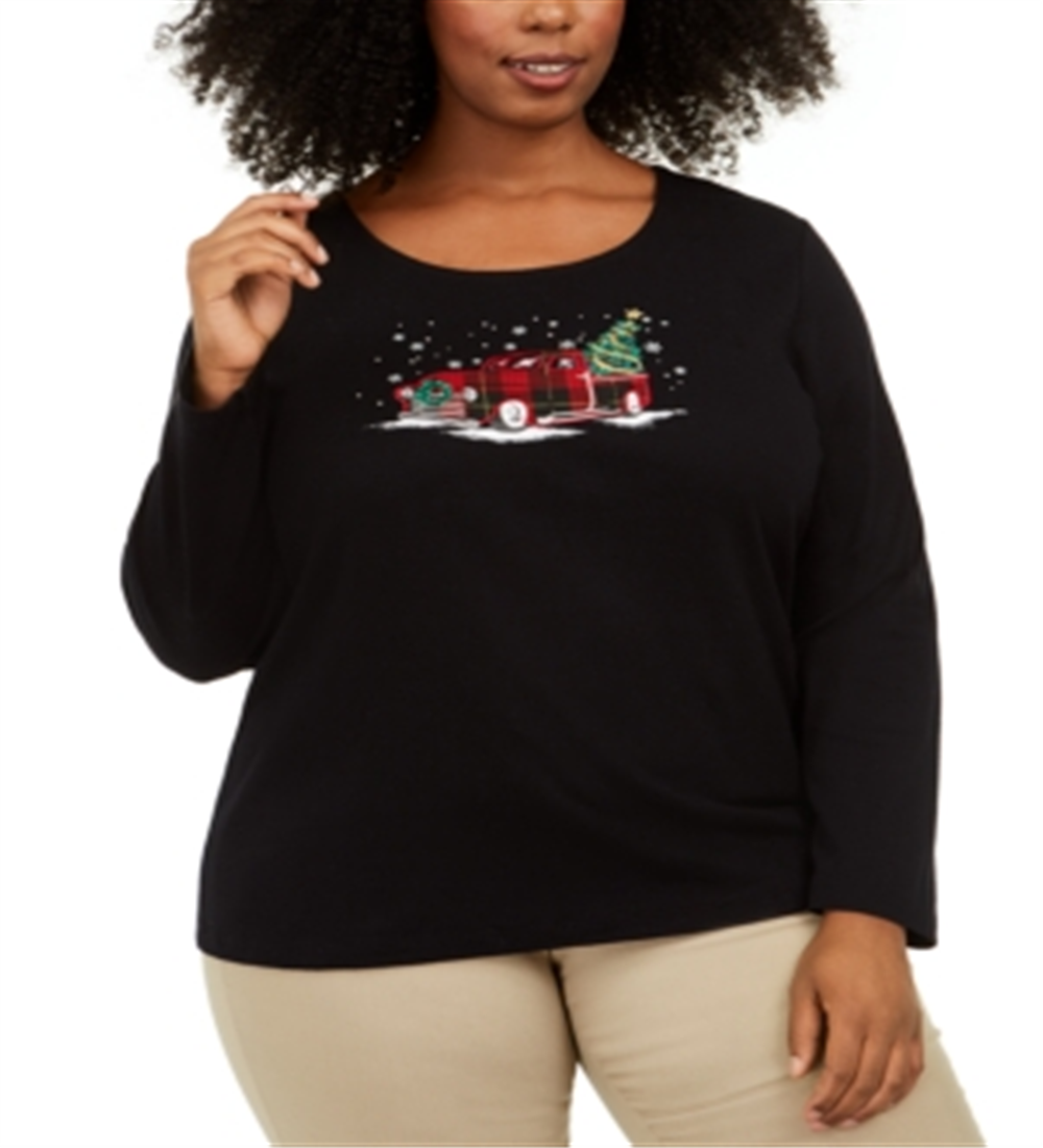 Karen Scott Top de algodão plus size para mulheres, estilo caminhão de férias, preto profundo, tamanho 1X