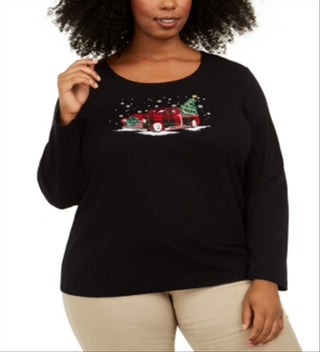 Karen Scott Top de algodão plus size para mulheres, estilo caminhão de férias, preto profundo, tamanho 1X