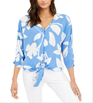 Blusa estampada Alfani com amarração frontal, azul, tamanho XXL