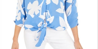 Blusa estampada Alfani com amarração frontal, azul, tamanho XXL