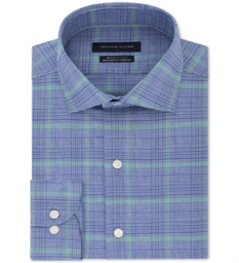 Camisa social masculina Tommy Hilfiger Classic Regular Fit, sem passar a ferro, THFlex Supima Performance Stretch, azul xadrez, tamanho 16X34-35