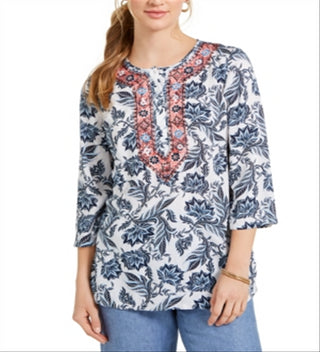 Túnica feminina bordada estampada Charter Club, branca, tamanho pequeno