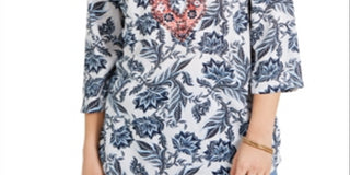 Túnica feminina bordada estampada Charter Club, branca, tamanho pequeno