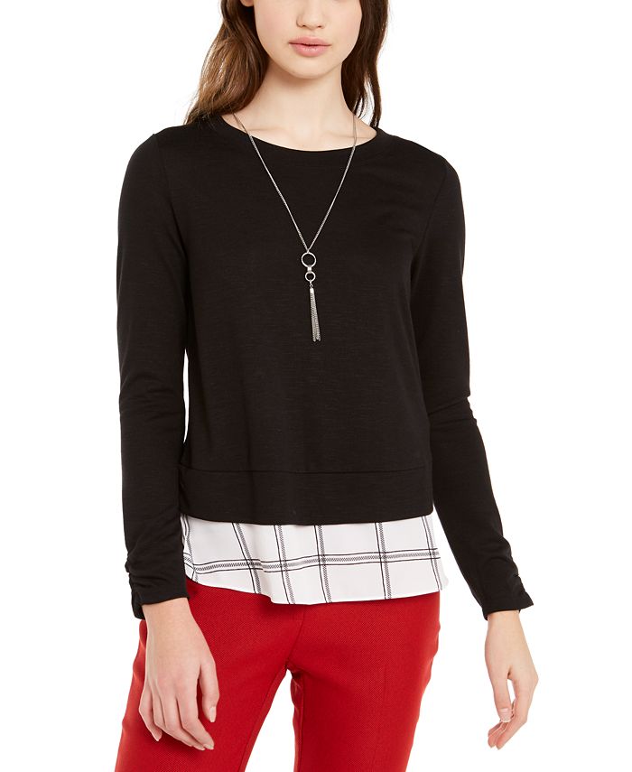 Blusa feminina Byer com camadas e colar em poliéster e renda, bainha de rayon, preta, tamanho pequeno