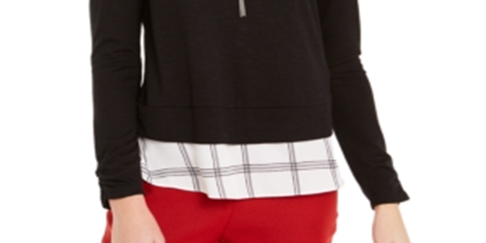 Blusa feminina Byer com camadas e colar em poliéster e renda, bainha de rayon, preta, tamanho pequeno