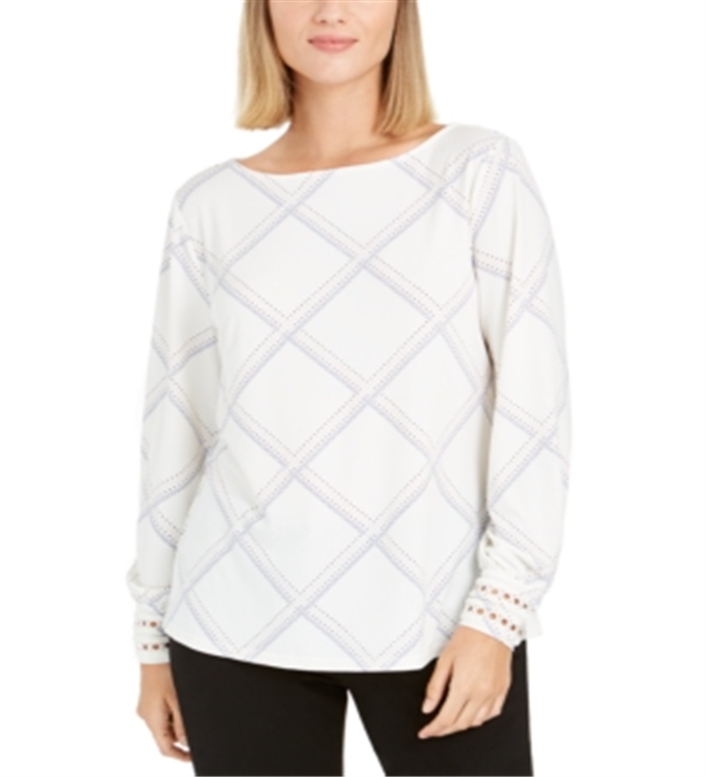 Blusa de malha xadrez feminina Charter Club, branca, tamanho XS