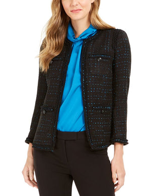 Blazer feminino Anne Klein com acabamento metálico e babados, preto, tamanho 12