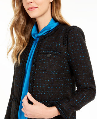 Blazer feminino Anne Klein com acabamento metálico e babados, preto, tamanho 12