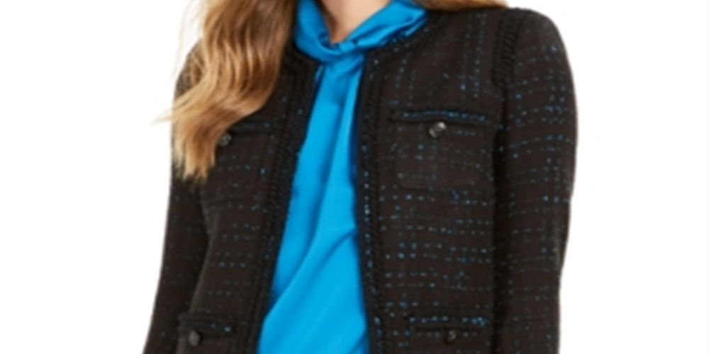 Blazer feminino Anne Klein com acabamento metálico e babados, preto, tamanho 12