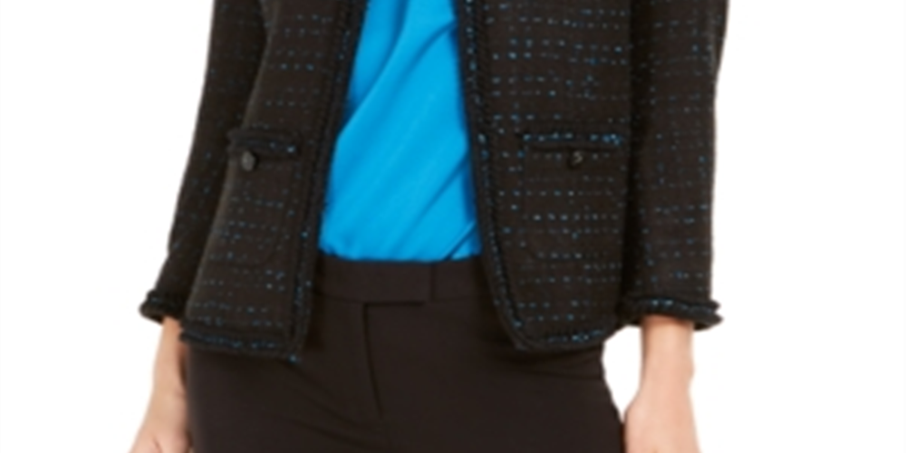 Blazer feminino Anne Klein com acabamento metálico e babados, preto, tamanho 12