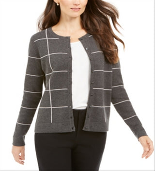 Cardigan feminino Charter Club com botões Windowpane - Cinza mesclado, tamanho grande