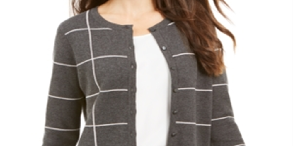 Cardigan feminino Charter Club com botões Windowpane - Cinza mesclado, tamanho grande