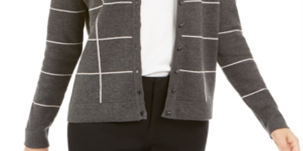 Cardigan feminino Charter Club com botões Windowpane - Cinza mesclado, tamanho grande