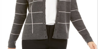 Cardigan feminino Charter Club com botões Windowpane - Cinza mesclado, tamanho grande