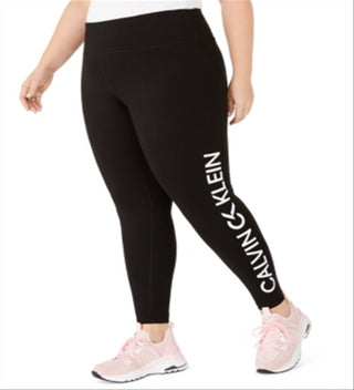 Calça legging feminina plus size com logo e cintura alta, preta, tamanho 1X