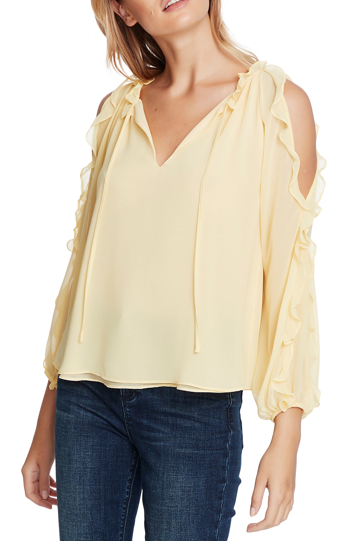 1.STATE Blusa feminina com babados e ombros descobertos, amarela, tamanho P
