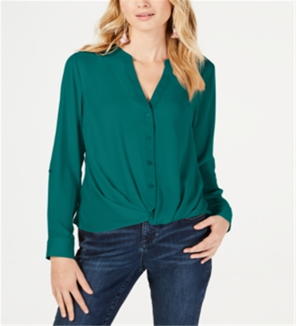 Blusa feminina com botões frontais e torcidos INC International Concepts, verde, tamanho pequeno G