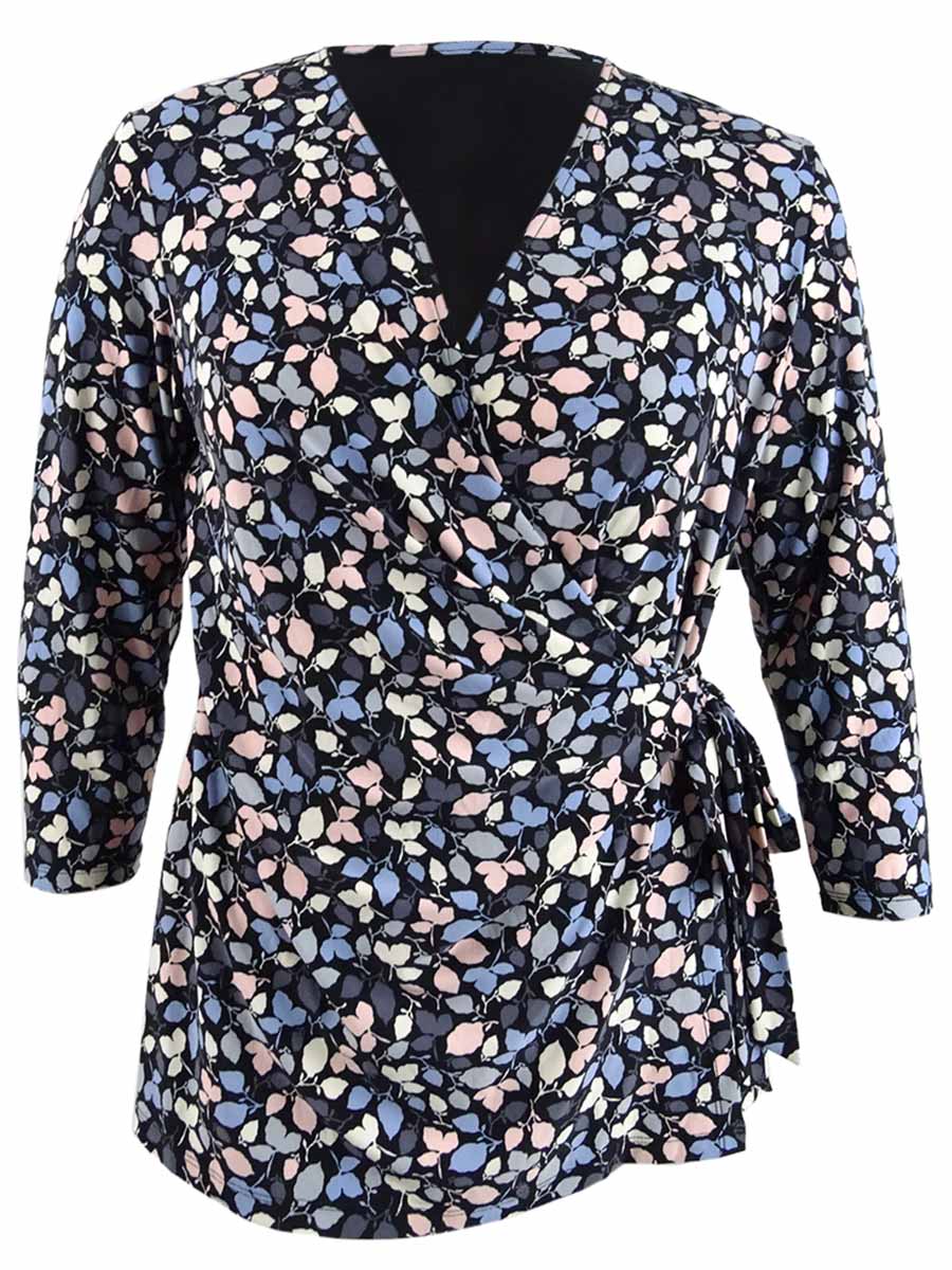 Blusa feminina Anne Klein estampada com amarração na cintura, combinação preta e azul, tamanho XXS