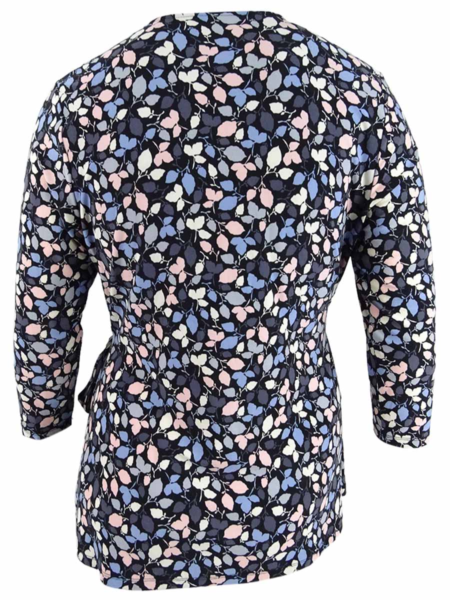 Blusa feminina Anne Klein estampada com amarração na cintura, combinação preta e azul, tamanho XXS