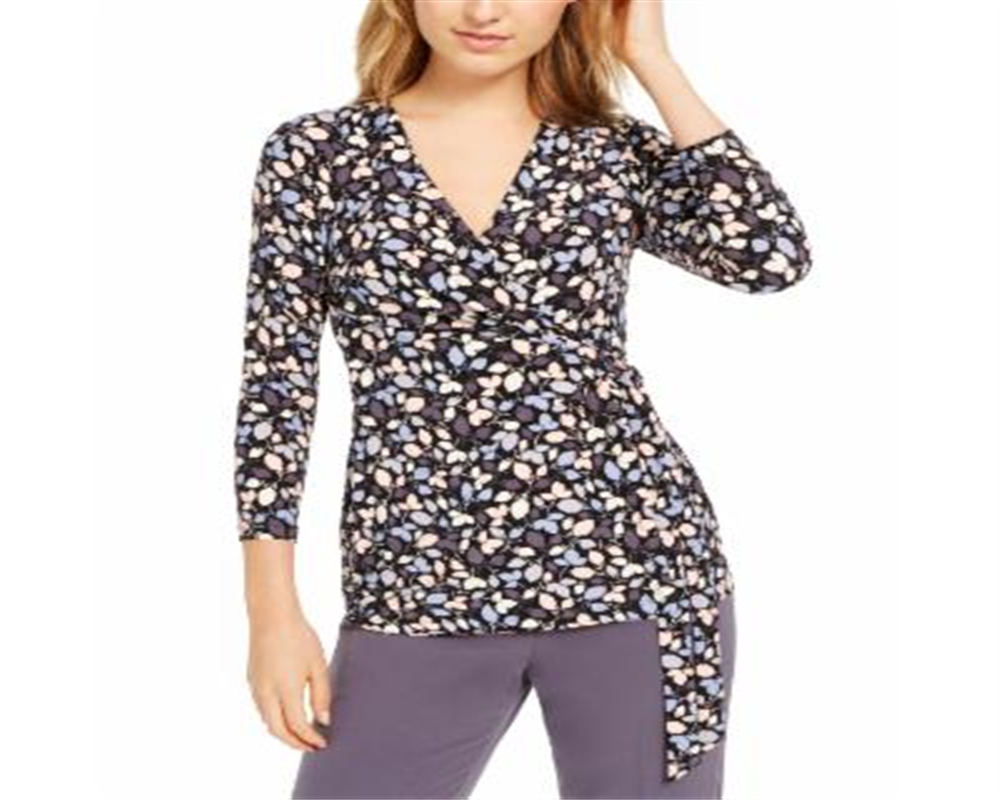 Blusa feminina Anne Klein estampada com amarração na cintura, combinação preta e azul, tamanho XXS