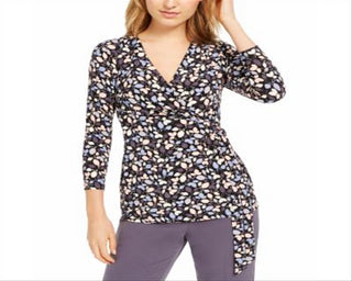 Anne Klein Women's Printed Tie-Waist Top Black/Blue Combo Size XXS