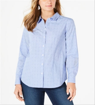 Camisa xadrez feminina Charter Club com botões e estampa Pindot, azul, tamanho 4