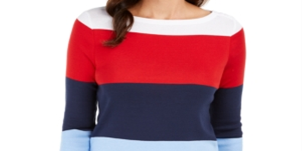 Charter Club Top feminino com decote canoa e blocos de cores, vermelho deslumbrante, tamanho médio