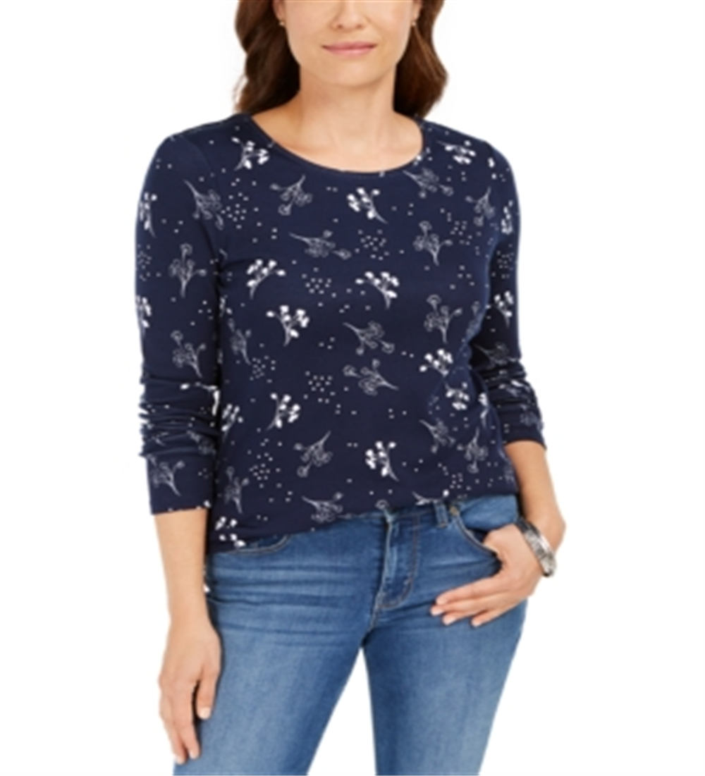 Camiseta feminina estampada de algodão pima Charter Club, azul, tamanho P