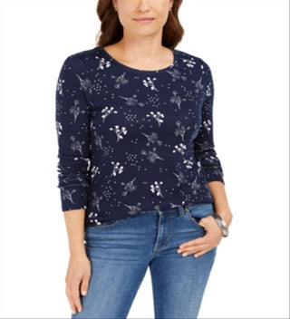 Camiseta feminina estampada de algodão pima Charter Club, azul, tamanho P