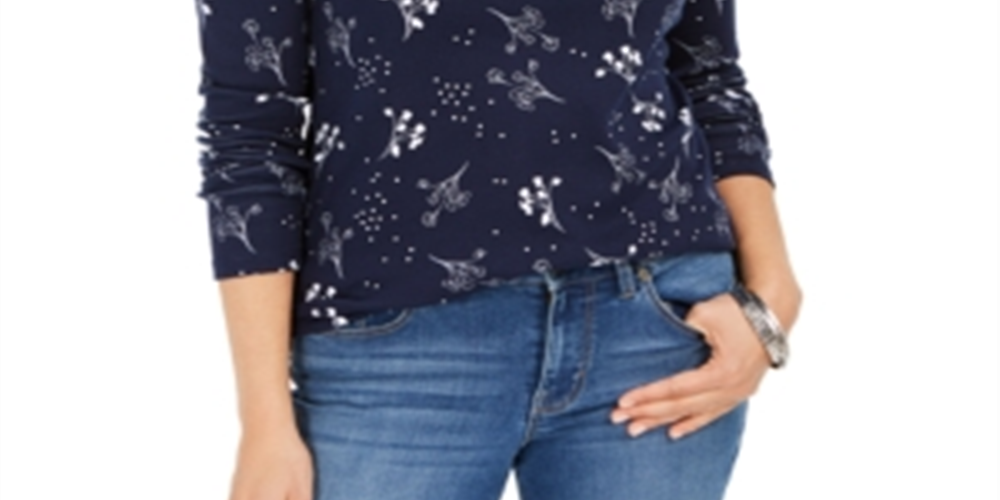 Camiseta feminina estampada de algodão pima Charter Club, azul, tamanho P