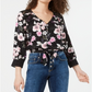 Top American Rag Junior com estampa floral e bainha amarrada, preto, tamanho pequeno