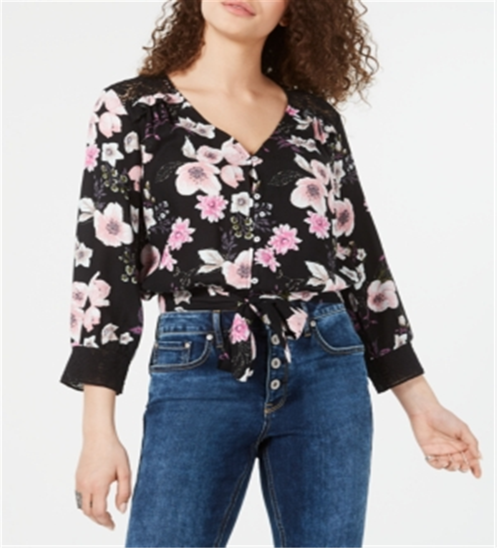 Top American Rag Junior com estampa floral e bainha amarrada, preto, tamanho pequeno